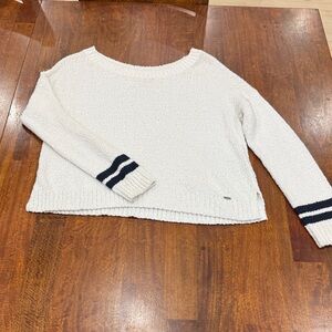 Hollister Women's White Sweater with Navy Blue  Stripes
